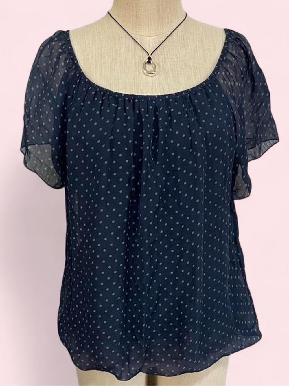 Chic Navy Sheer Blouse with Polka Dots